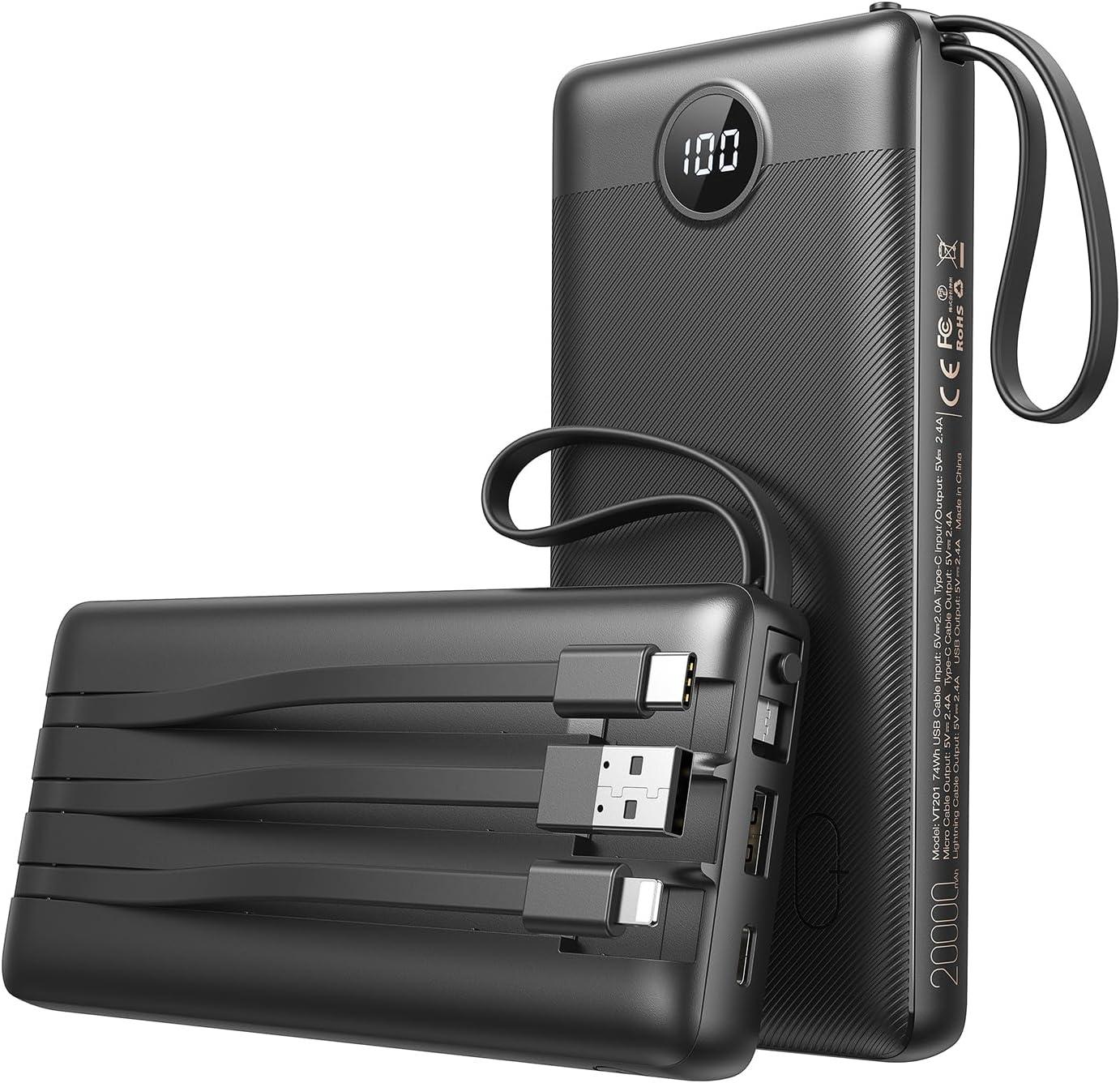 imageVEEKTOMX Portable Charger with Builtin Cables 20000mAh Power Bank for iPhone Fast Charging USB C Battery Pack Travel Essentials Powerbank Compatible with iPhone 151413 Samsung Android etc