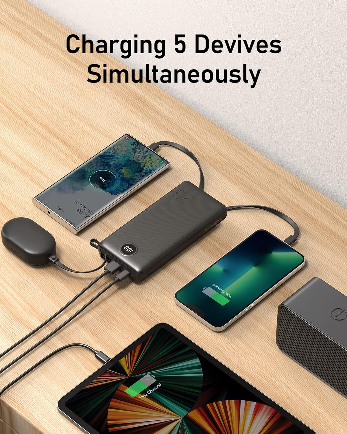 imageVEEKTOMX Portable Charger with Builtin Cables 20000mAh Power Bank for iPhone Fast Charging USB C Battery Pack Travel Essentials Powerbank Compatible with iPhone 151413 Samsung Android etc