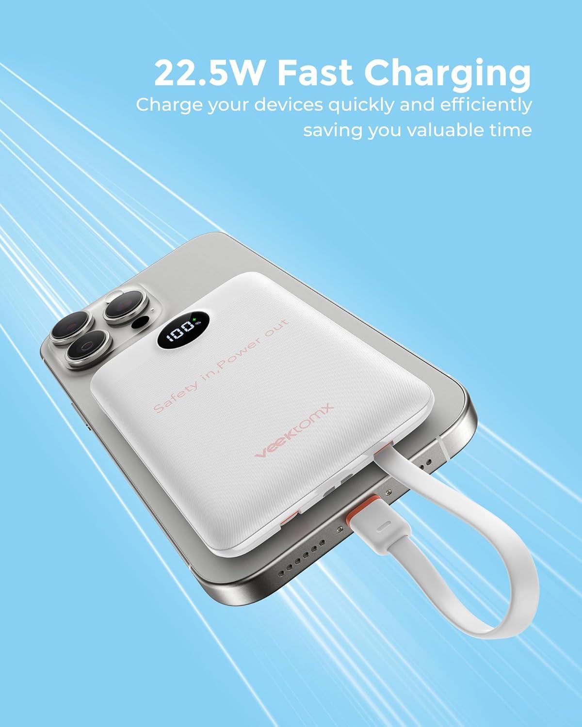 imageVEEKTOMX Portable Charger10000mAh Power Bank with Builtin Cable and 225W Fast ChargingTravel Camping Essentialfor iPhone 17161514Samsung 2524and More