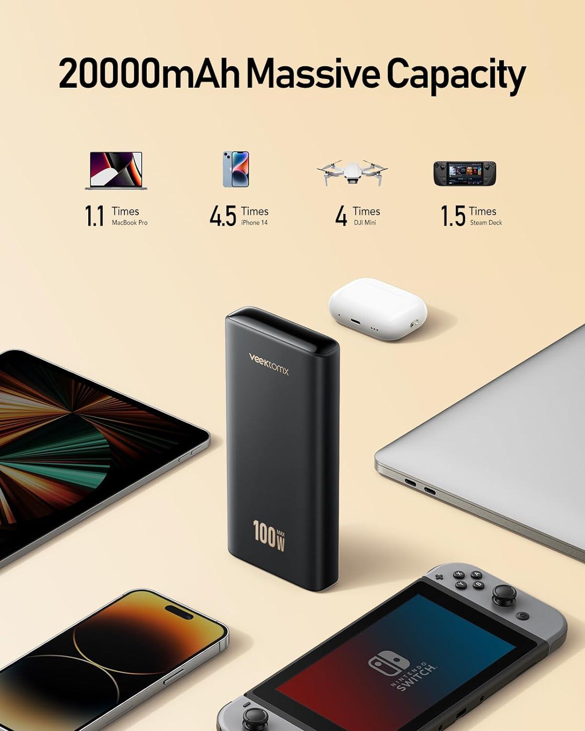 imageVEEKTOMX Power Bank Fast Charging 65W 20000mAh Laptop Portable Charger USB C PDampamp QC 30 Battery Pack Compatible with iPhone 14131211 Pro Mini IPad Samsung Switch MacBook Dell XPS IPad