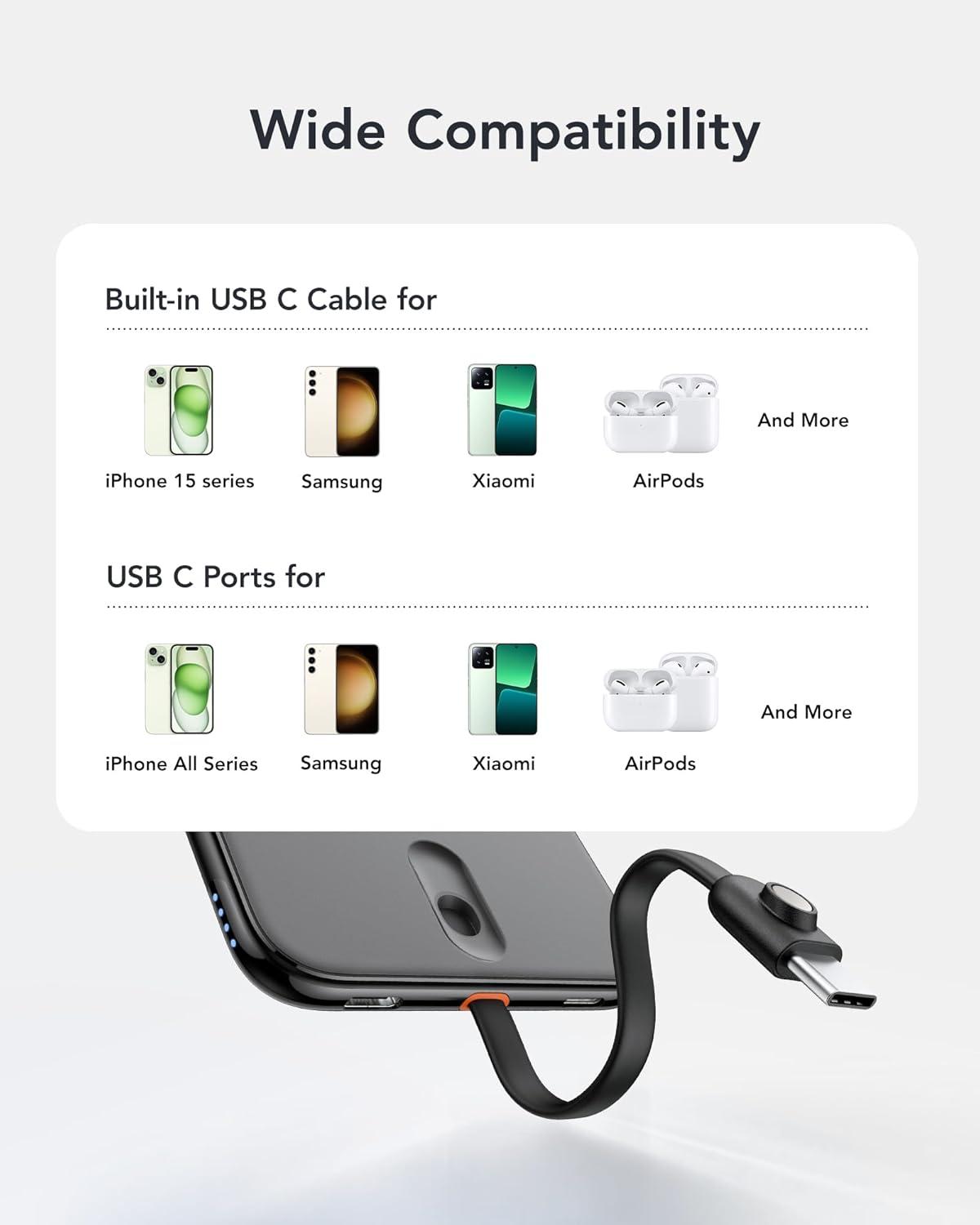 imageVEEKTOMX Slim Portable Charger 5000mAh Lightweight Power Bank with Wired USB C Cable Ultra Thin Battery Pack Compatible with iPhone 15PlusProPro MaxSamsungAndroidNonWireless Charging BlackUSBC Black