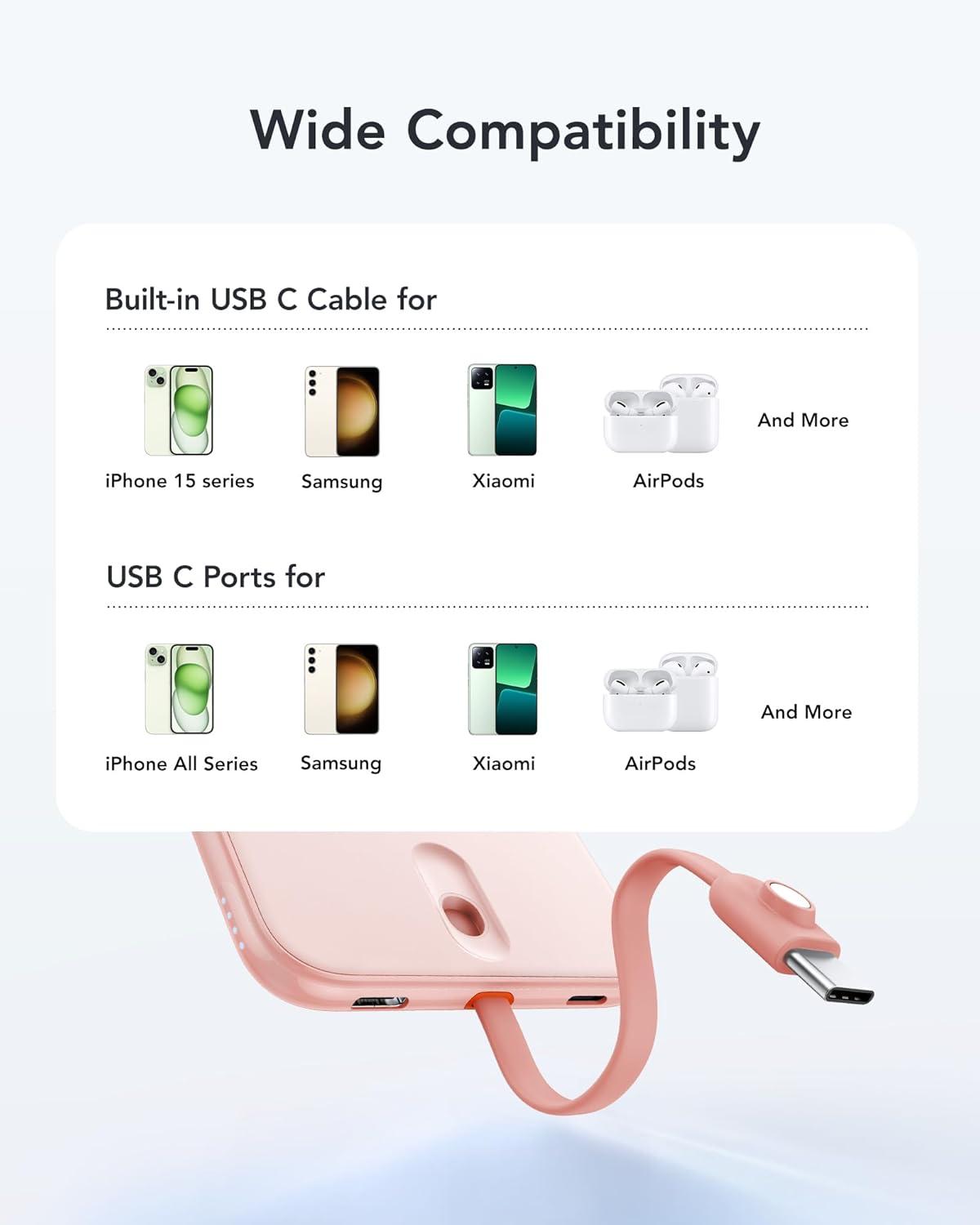 imageVEEKTOMX Slim Portable Charger 5000mAh Lightweight Power Bank with Wired USB C Cable Ultra Thin Battery Pack Compatible with iPhone 15PlusProPro MaxSamsungAndroidNonWireless Charging BlackUSBC Pink