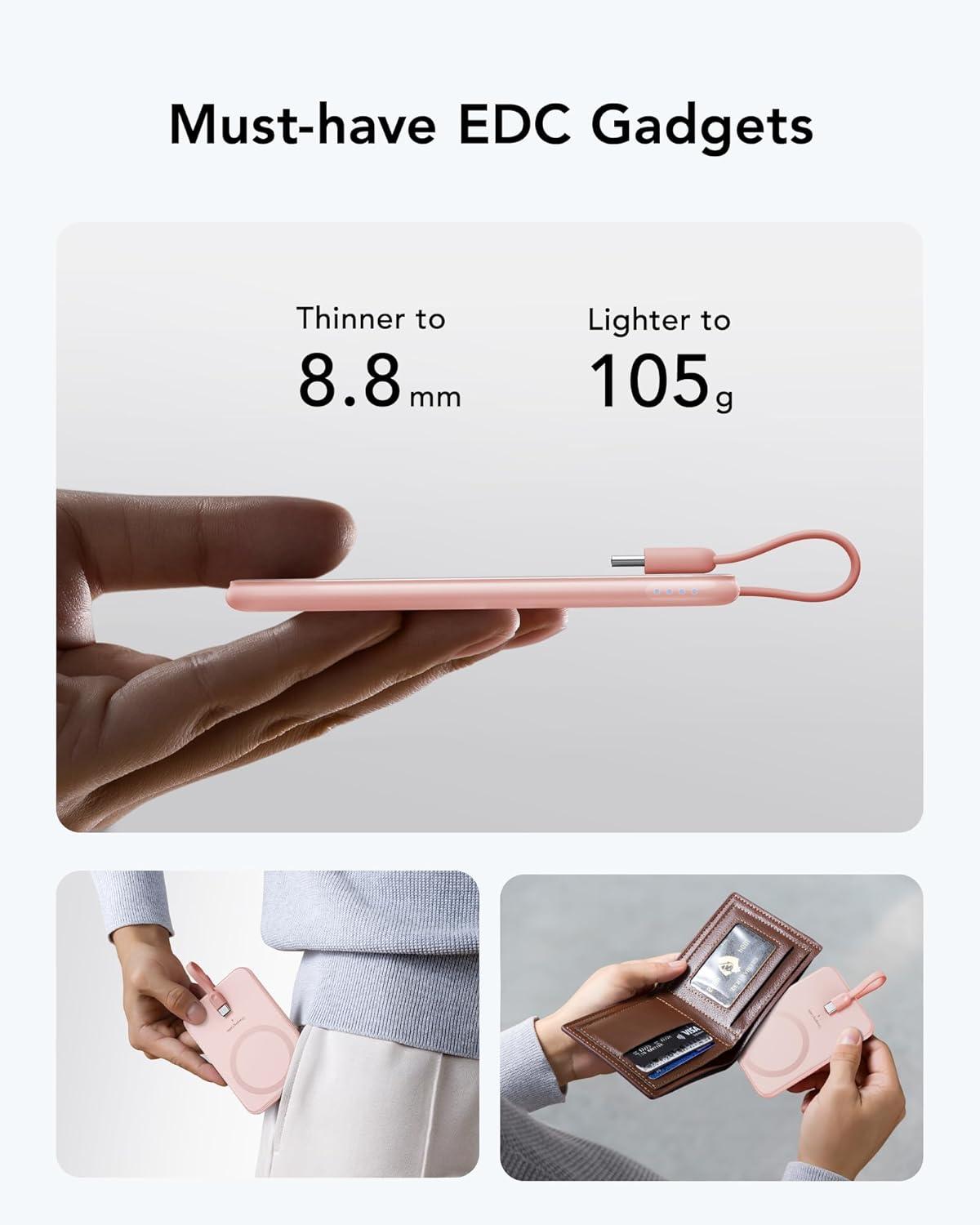 imageVEEKTOMX Slim Portable Charger 5000mAh Lightweight Power Bank with Wired USB C Cable Ultra Thin Battery Pack Compatible with iPhone 15PlusProPro MaxSamsungAndroidNonWireless Charging BlackUSBC Pink