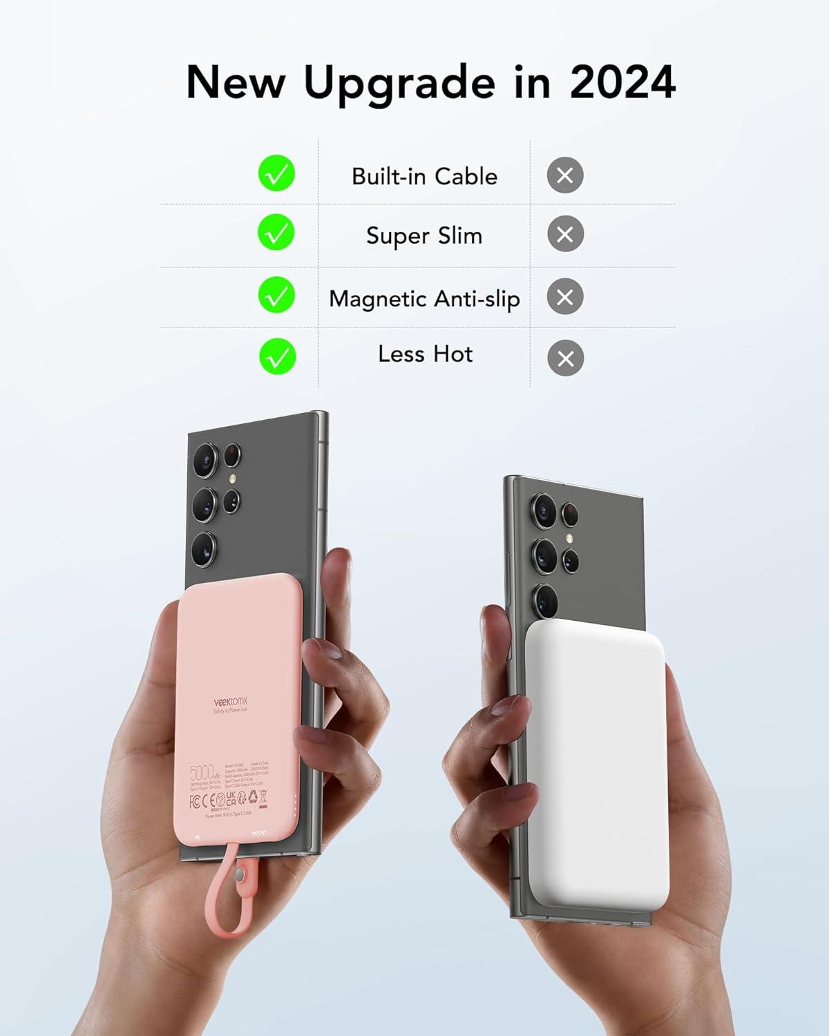 imageVEEKTOMX Slim Portable Charger 5000mAh Lightweight Power Bank with Wired USB C Cable Ultra Thin Battery Pack Compatible with iPhone 15PlusProPro MaxSamsungAndroidNonWireless Charging BlackUSBC Pink