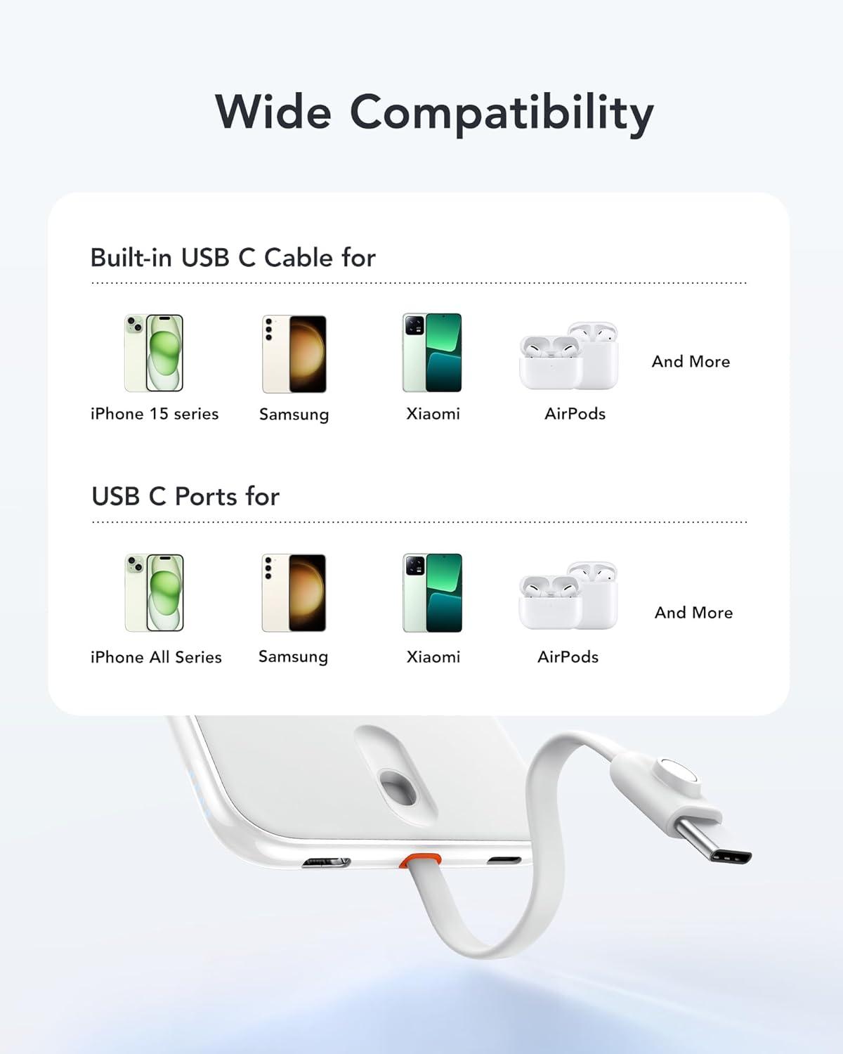 imageVEEKTOMX Slim Portable Charger 5000mAh Lightweight Power Bank with Wired USB C Cable Ultra Thin Battery Pack Compatible with iPhone 15PlusProPro MaxSamsungAndroidNonWireless Charging BlackUSBC White
