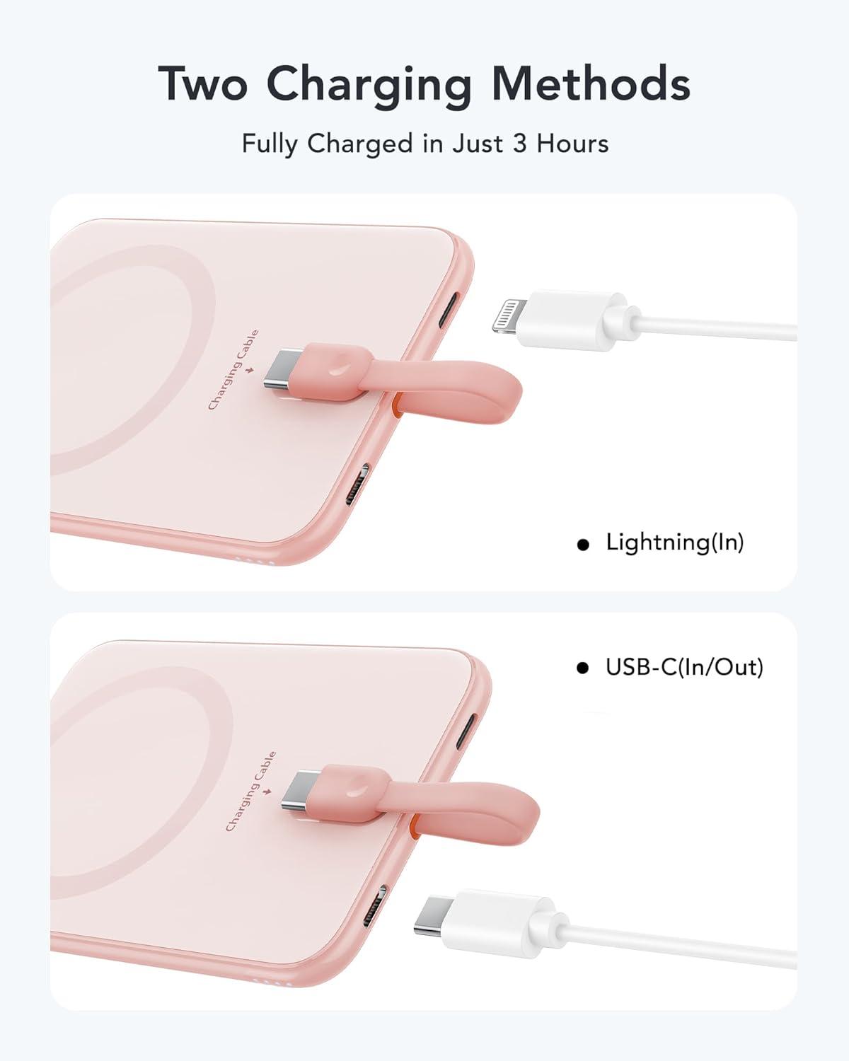 imageVEEKTOMX Slim Portable Charger 5000mAh Lightweight Power Bank with Wired USB C Cable Ultra Thin Battery Pack Compatible with iPhone 15PlusProPro MaxSamsungAndroidNonWireless Charging BlackUSBC Pink
