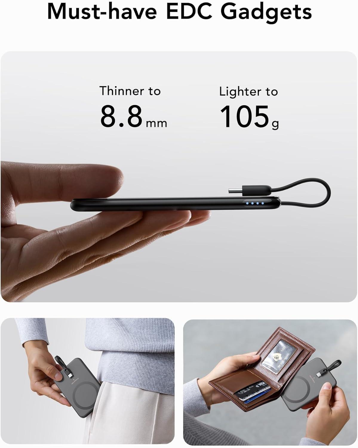 imageVEEKTOMX Slim Portable Charger 5000mAh Lightweight Power Bank with Wired USB C Cable Ultra Thin Battery Pack Compatible with iPhone 15PlusProPro MaxSamsungAndroidNonWireless Charging BlackUSBC Black