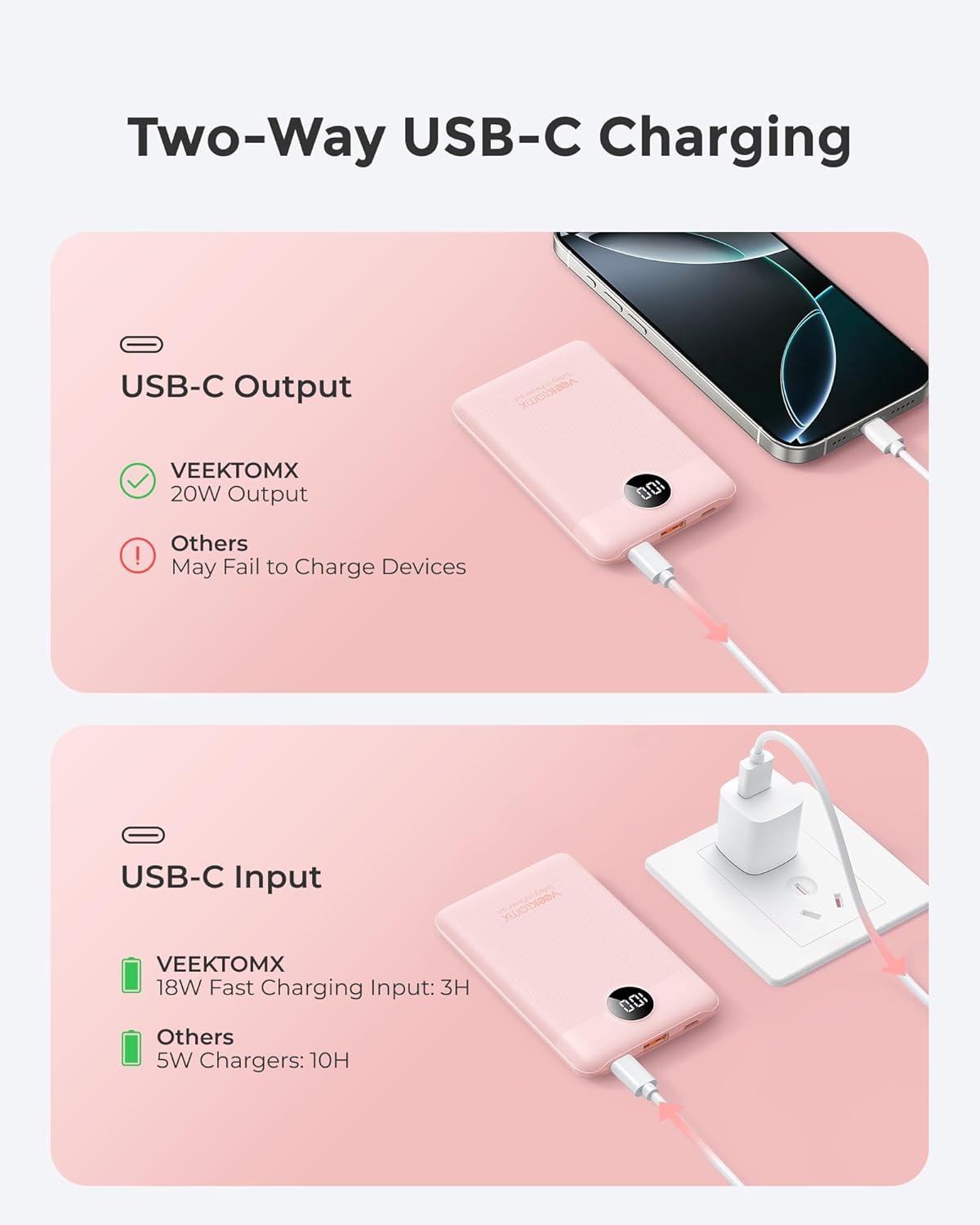 imageVEEKTOMX Small Portable Charger Mini Power Bank 10000mAh PD 225W Fast Charging USBC Battery Bank Travel Essentials Dual Voltage External Portable Powerbank for iPhoneSamsungGoogle Pixel WhitePink