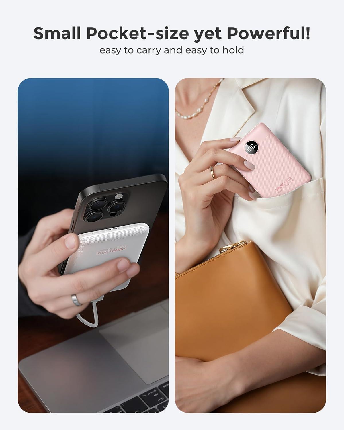 imageVEEKTOMX Small Portable Charger Mini Power Bank 10000mAh PD 225W Fast Charging USBC Battery Bank Travel Essentials Dual Voltage External Portable Powerbank for iPhoneSamsungGoogle Pixel WhiteWhite