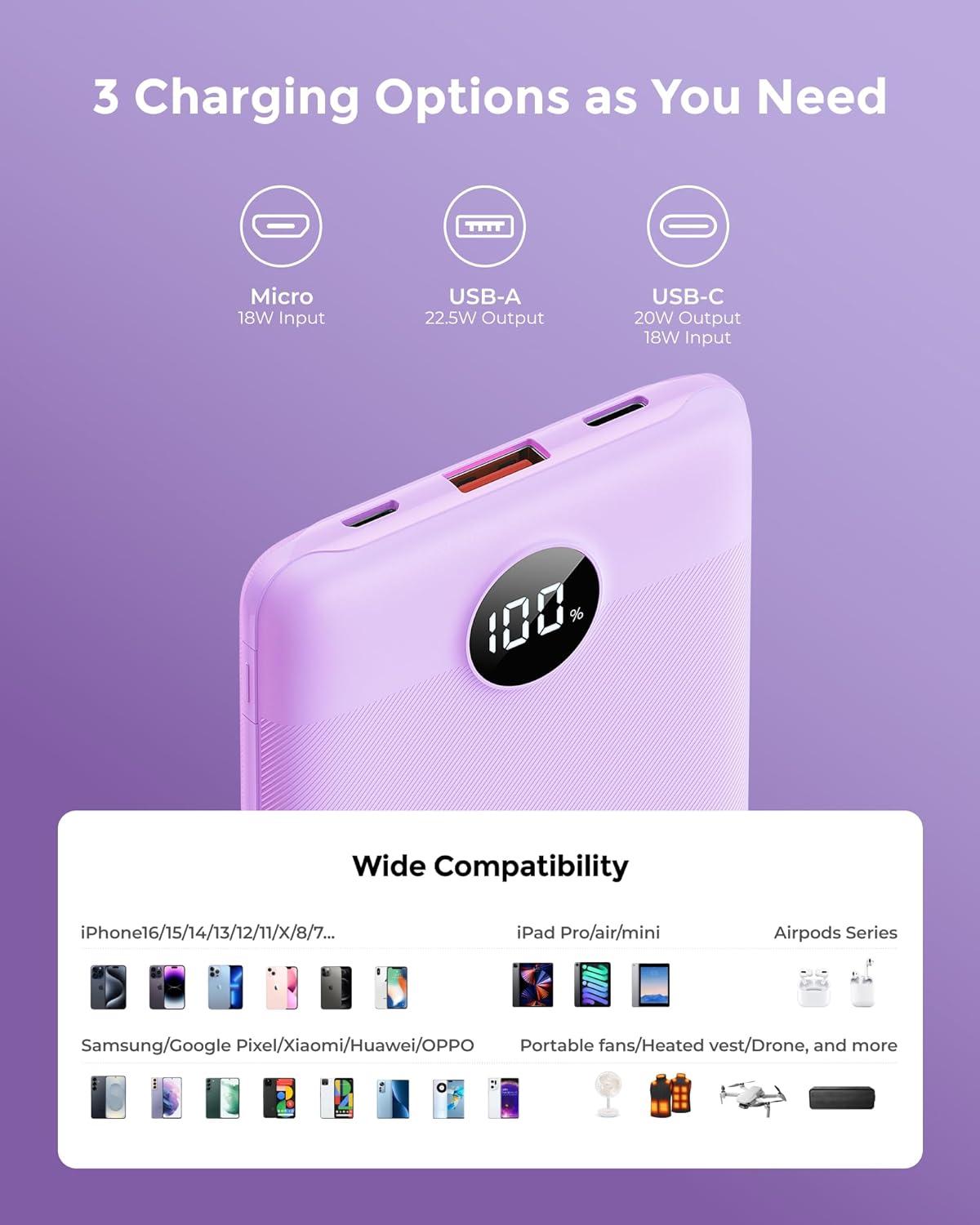 imageVEEKTOMX Small Portable Charger Mini Power Bank 10000mAh PD 225W Fast Charging USBC Battery Bank Travel Essentials Dual Voltage External Portable Powerbank for iPhoneSamsungGoogle Pixel WhitePurple