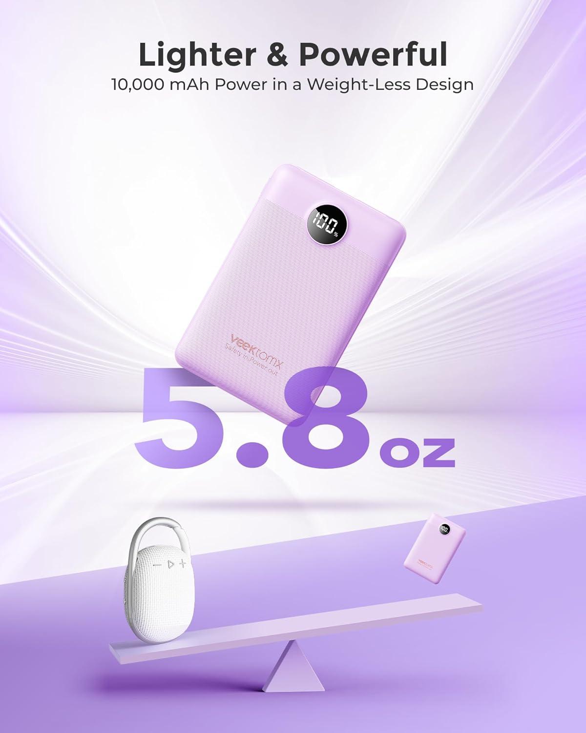 imageVEEKTOMX Small Portable Charger Mini Power Bank 10000mAh PD 225W Fast Charging USBC Battery Bank Travel Essentials Dual Voltage External Portable Powerbank for iPhoneSamsungGoogle Pixel WhitePurple