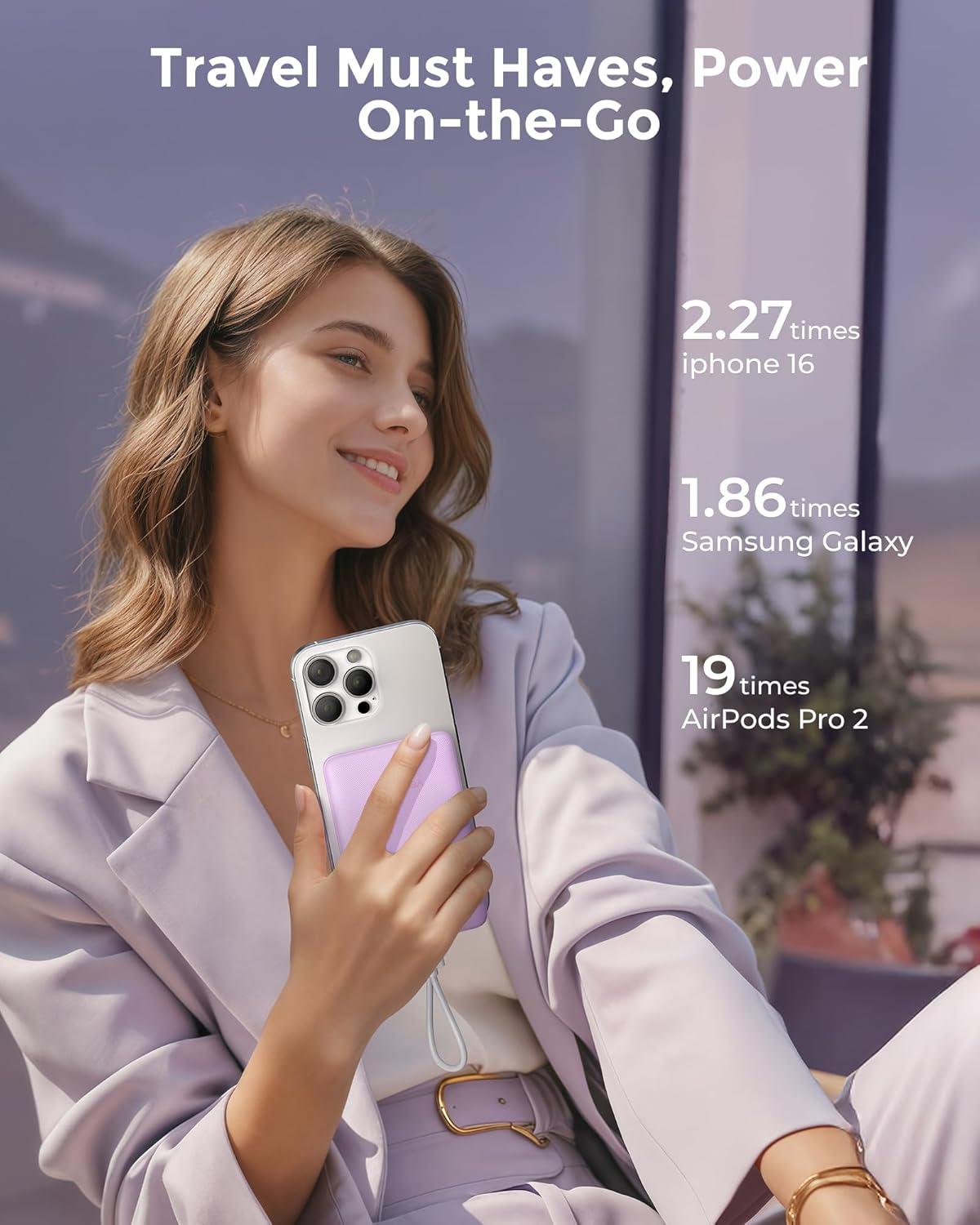 imageVEEKTOMX Small Portable Charger Mini Power Bank 10000mAh PD 225W Fast Charging USBC Battery Bank Travel Essentials Dual Voltage External Portable Powerbank for iPhoneSamsungGoogle Pixel WhitePurple