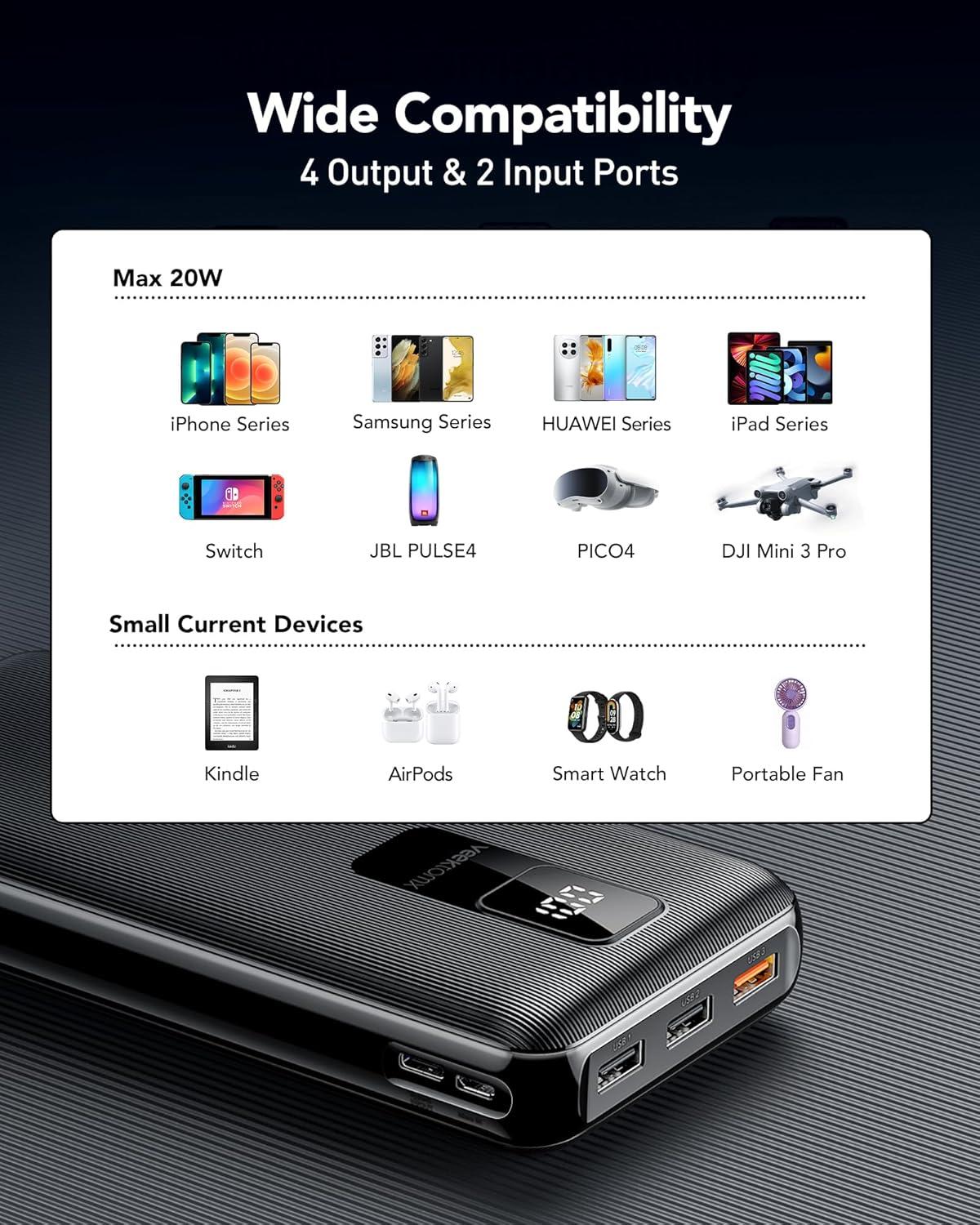 imageVEEKTOMX Small Portable Charger Mini Power Bank 10000mAh PD 225W Fast Charging USBC Battery Bank Travel Essentials Dual Voltage External Portable Powerbank for iPhoneSamsungGoogle Pixel WhiteXDark Grey
