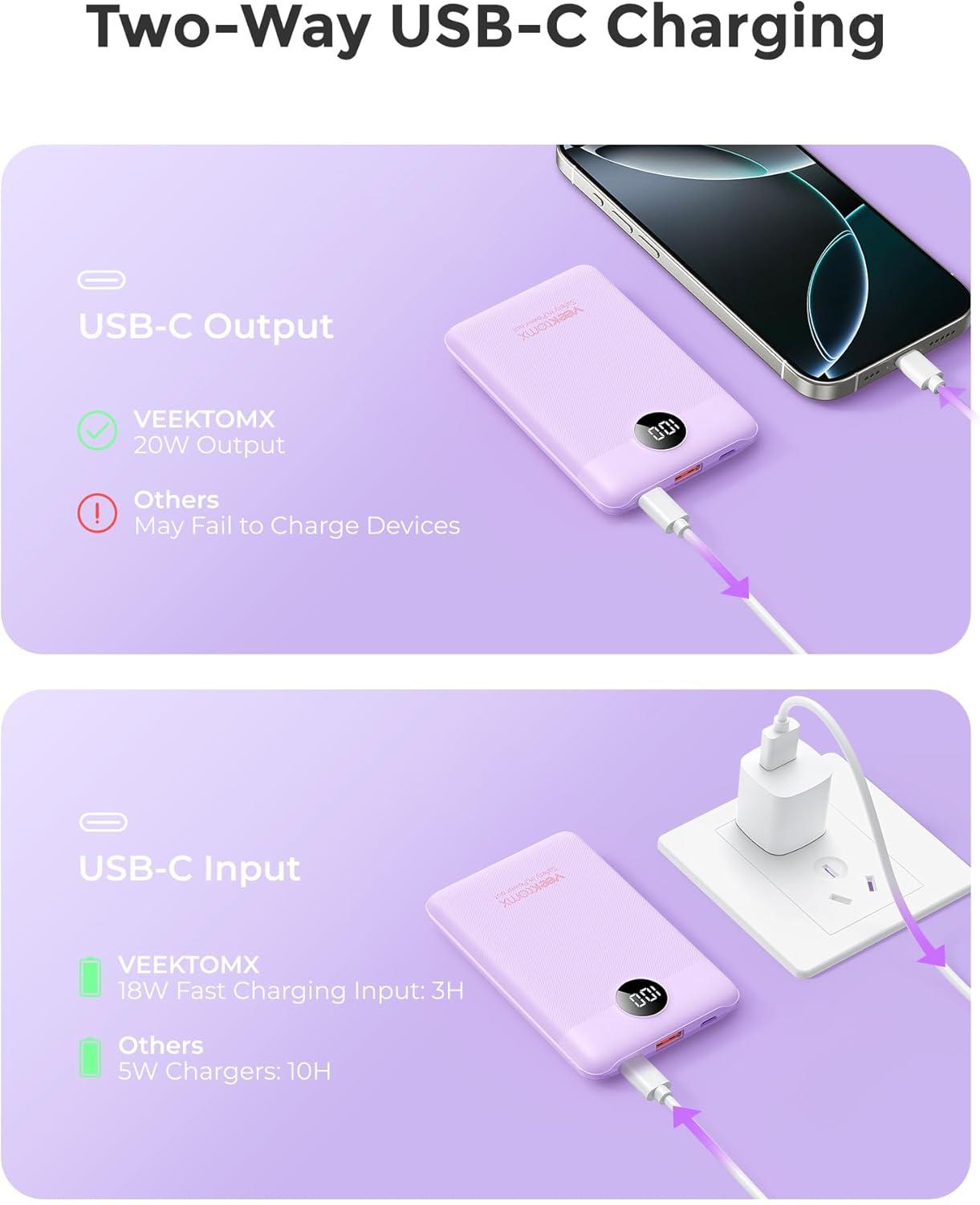imageVEEKTOMX Small Portable Charger Mini Power Bank 10000mAh PD 225W Fast Charging USBC Battery Bank Travel Essentials Dual Voltage External Portable Powerbank for iPhoneSamsungGoogle Pixel WhitePurple