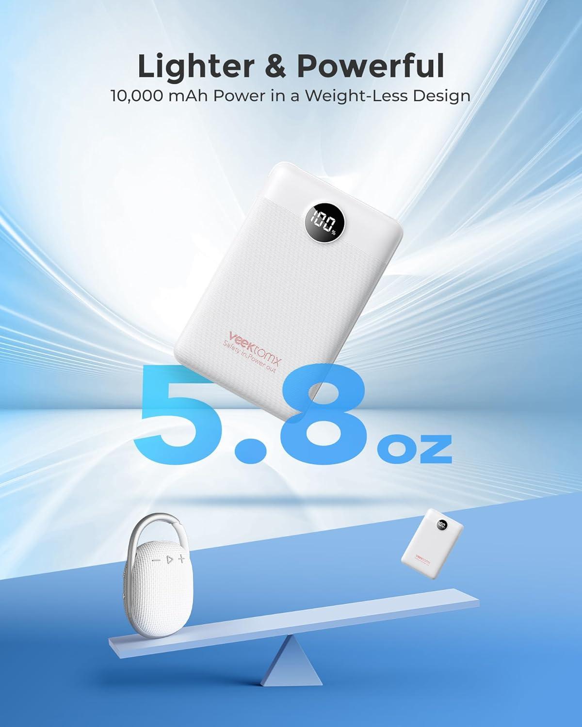 imageVEEKTOMX Small Portable Charger Mini Power Bank 10000mAh PD 225W Fast Charging USBC Battery Bank Travel Essentials Dual Voltage External Portable Powerbank for iPhoneSamsungGoogle Pixel WhiteWhite