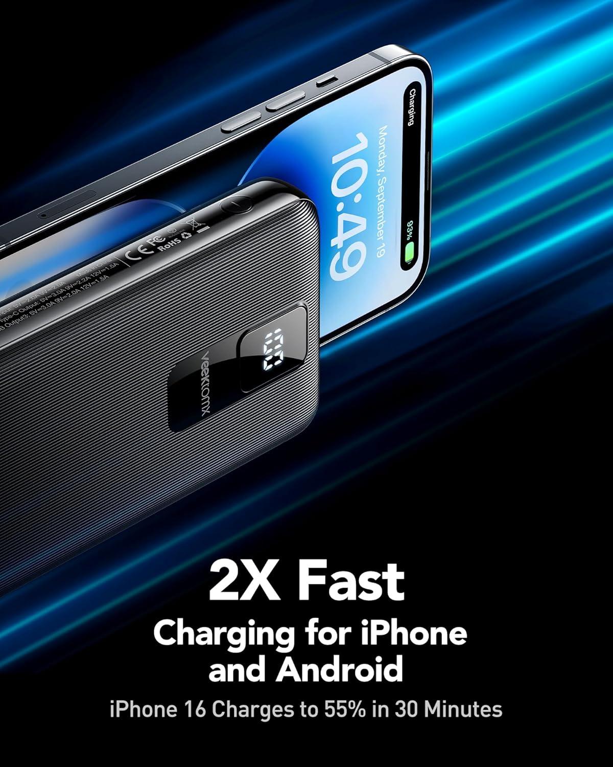 imageVEEKTOMX Small Portable Charger Mini Power Bank 10000mAh PD 225W Fast Charging USBC Battery Bank Travel Essentials Dual Voltage External Portable Powerbank for iPhoneSamsungGoogle Pixel WhiteXDark Grey
