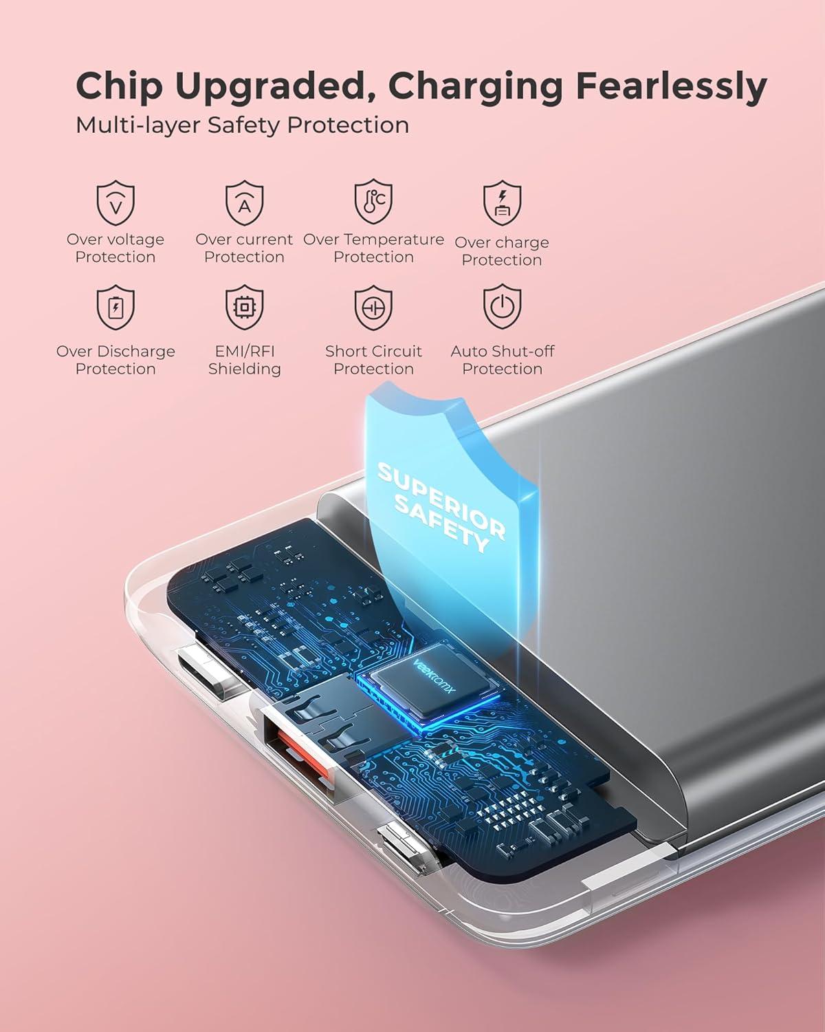 imageVEEKTOMX Small Portable Charger Mini Power Bank 10000mAh PD 225W Fast Charging USBC Battery Bank Travel Essentials Dual Voltage External Portable Powerbank for iPhoneSamsungGoogle Pixel WhitePink
