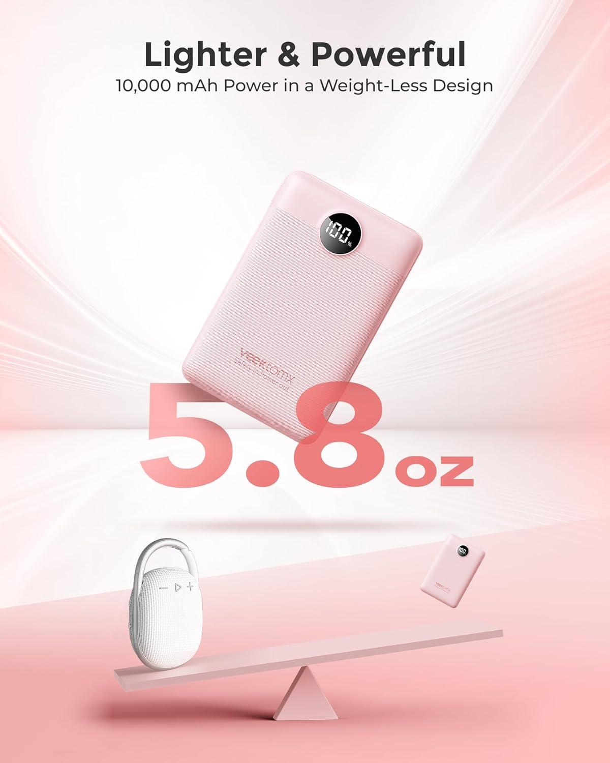 imageVEEKTOMX Small Portable Charger Mini Power Bank 10000mAh PD 225W Fast Charging USBC Battery Bank Travel Essentials Dual Voltage External Portable Powerbank for iPhoneSamsungGoogle Pixel WhitePink