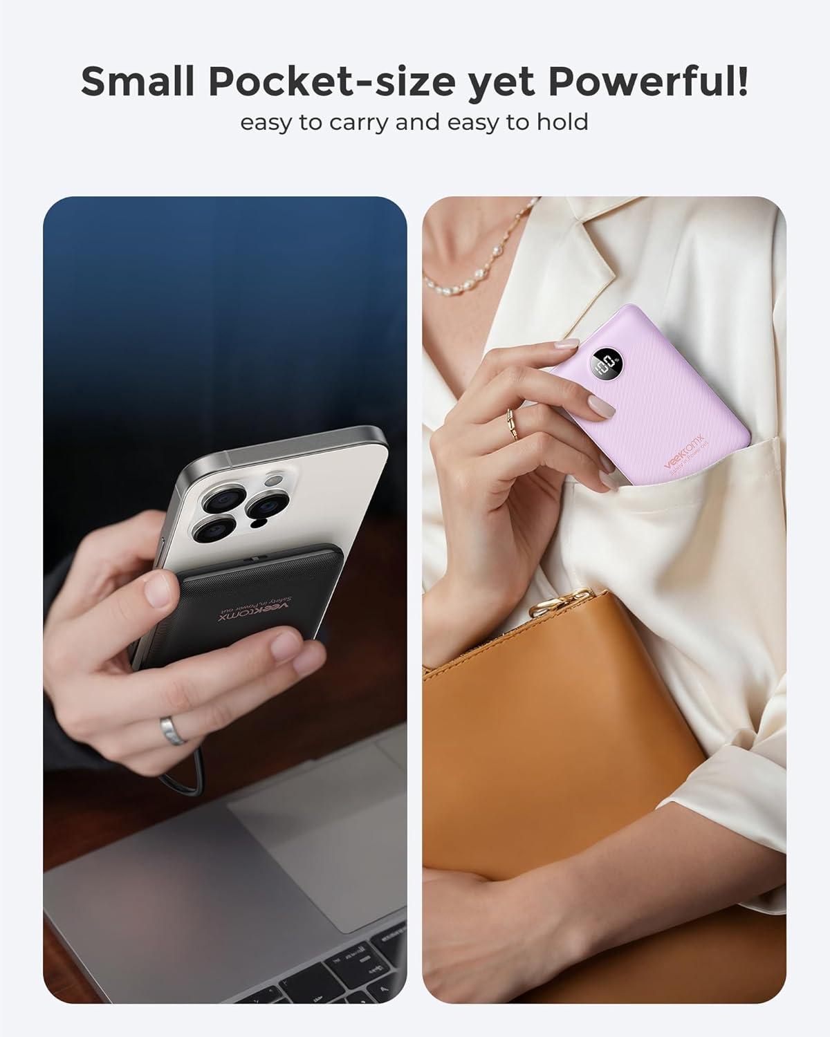 imageVEEKTOMX Small Portable Charger Mini Power Bank 10000mAh PD 225W Fast Charging USBC Battery Bank Travel Essentials Dual Voltage External Portable Powerbank for iPhoneSamsungGoogle Pixel WhitePurple