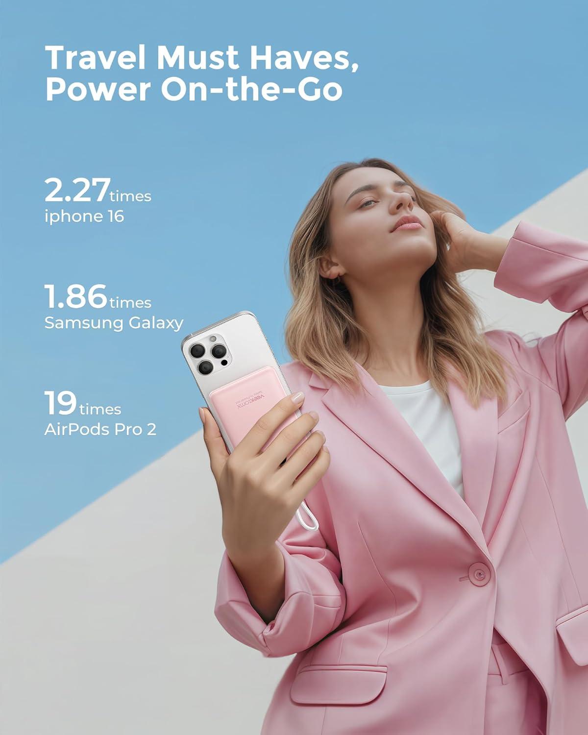 imageVEEKTOMX Small Portable Charger Mini Power Bank 10000mAh PD 225W Fast Charging USBC Battery Bank Travel Essentials Dual Voltage External Portable Powerbank for iPhoneSamsungGoogle Pixel WhitePink