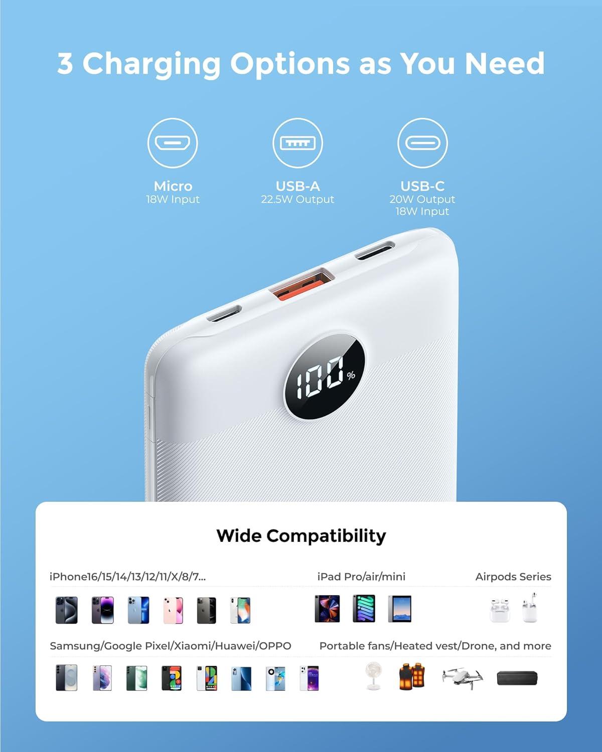 imageVEEKTOMX Small Portable Charger Mini Power Bank 10000mAh PD 225W Fast Charging USBC Battery Bank Travel Essentials Dual Voltage External Portable Powerbank for iPhoneSamsungGoogle Pixel WhiteWhite