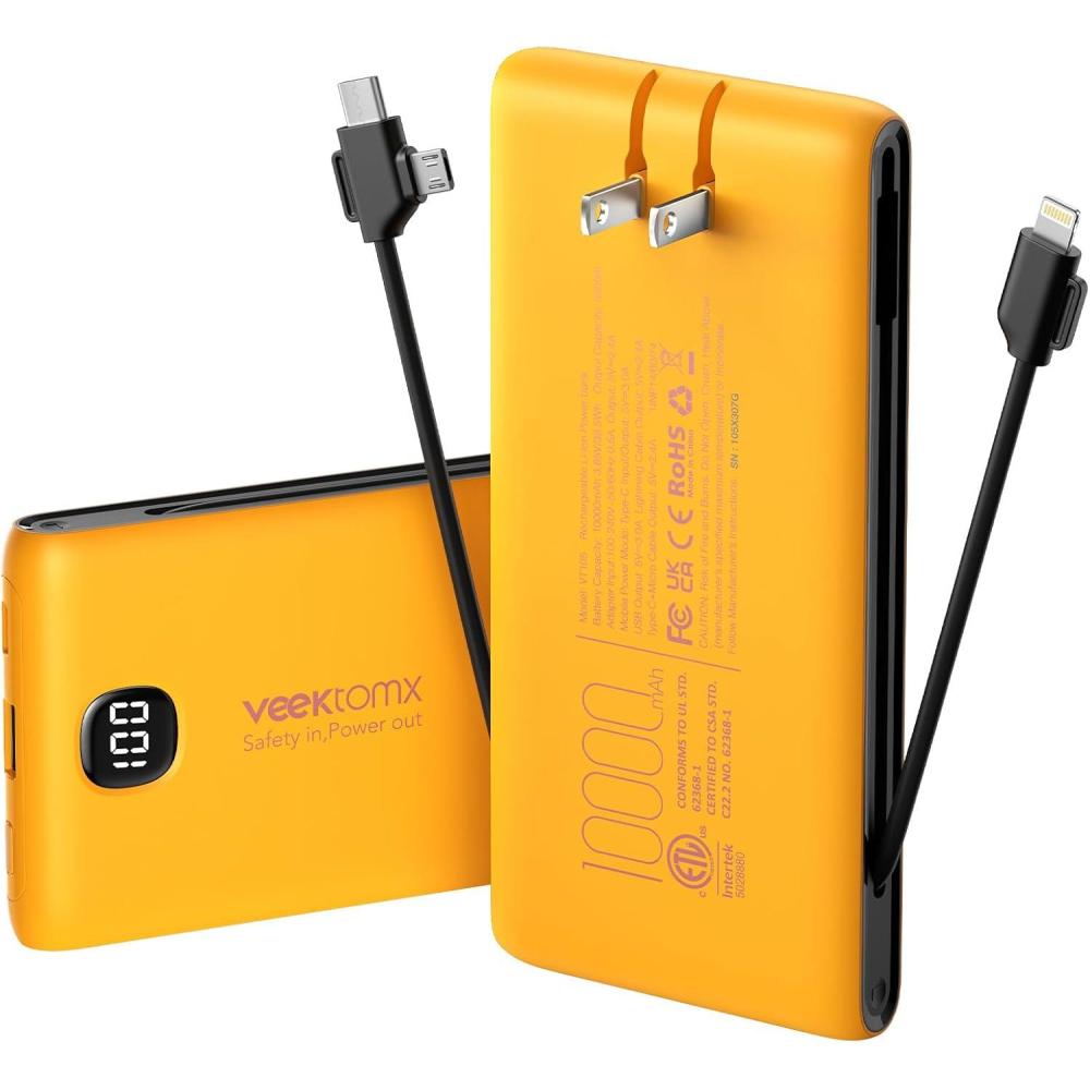 imagePortable Charger Power Bank Built in Cables and Wall Plug 10000mAh iPhone Battery Pack Fast Charging USB C External Slim Power Bank Travel Essentials Compatible with iPhone 17 16 15 14 iPad BlackYellow