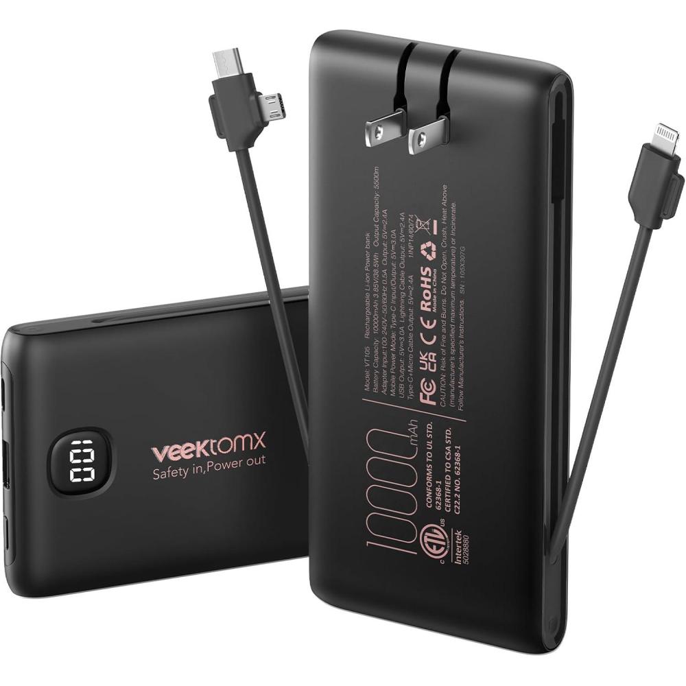 imagePortable Charger Power Bank Built in Cables and Wall Plug 10000mAh iPhone Battery Pack Fast Charging USB C External Slim Power Bank Travel Essentials Compatible with iPhone 17 16 15 14 iPad BlackSpace Black