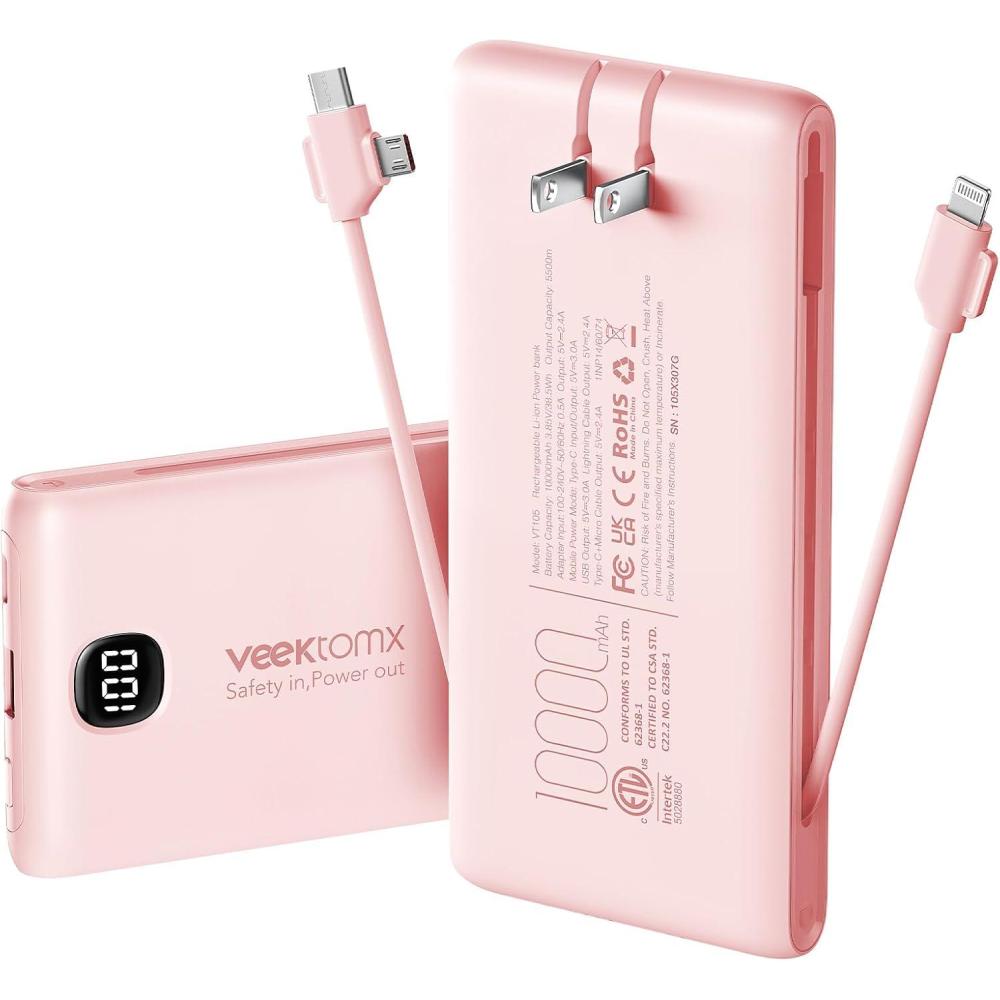 imagePortable Charger Power Bank Built in Cables and Wall Plug 10000mAh iPhone Battery Pack Fast Charging USB C External Slim Power Bank Travel Essentials Compatible with iPhone 17 16 15 14 iPad BlackPink