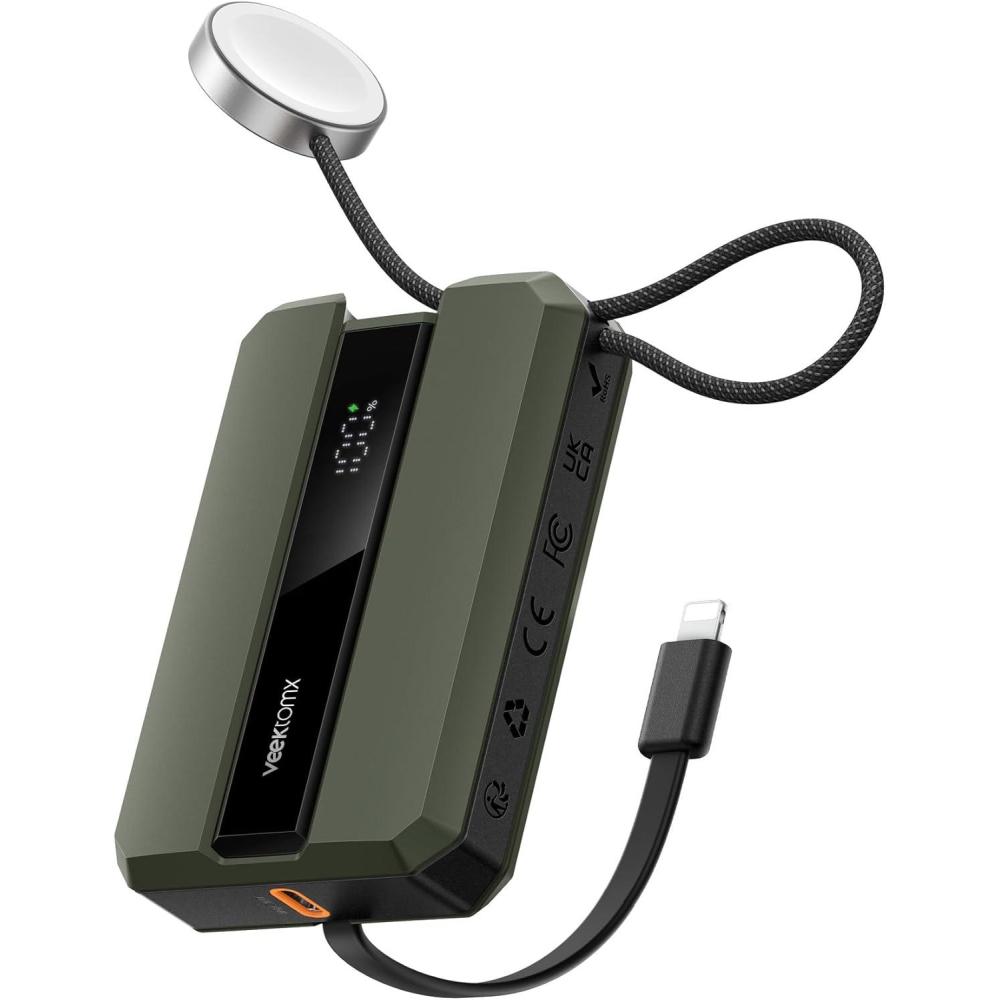 imageVEEKTOMX PD 30W Power Bank Fast Charging with Builtin USB C Cable for iPhone Small Portable Charger 10000mAh Portable Apple Watch Charger Compact Battery Pack for iPhone 161515 Plus YellowLightning Green
