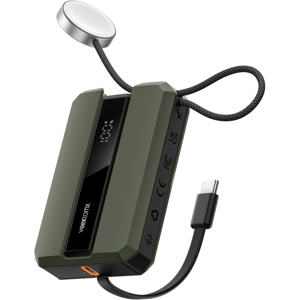 imageVEEKTOMX PD 30W Power Bank Fast Charging with Builtin USB C Cable for iPhone Small Portable Charger 10000mAh Portable Apple Watch Charger Compact Battery Pack for iPhone 161515 Plus YellowUSBC Green