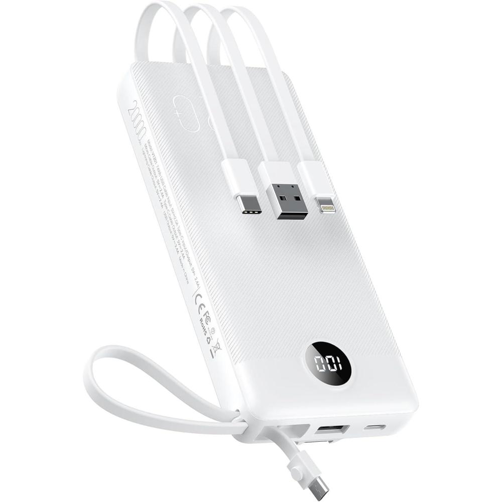 imageVEEKTOMX Portable Charger Builtin Cables 10000mAh Power Bank for iPhone Fast Charge USB C Battery Pack Travel Essentials Powerbank Compatible with iPhone 17161514 Samsung S2524 Android etc20000mAh White