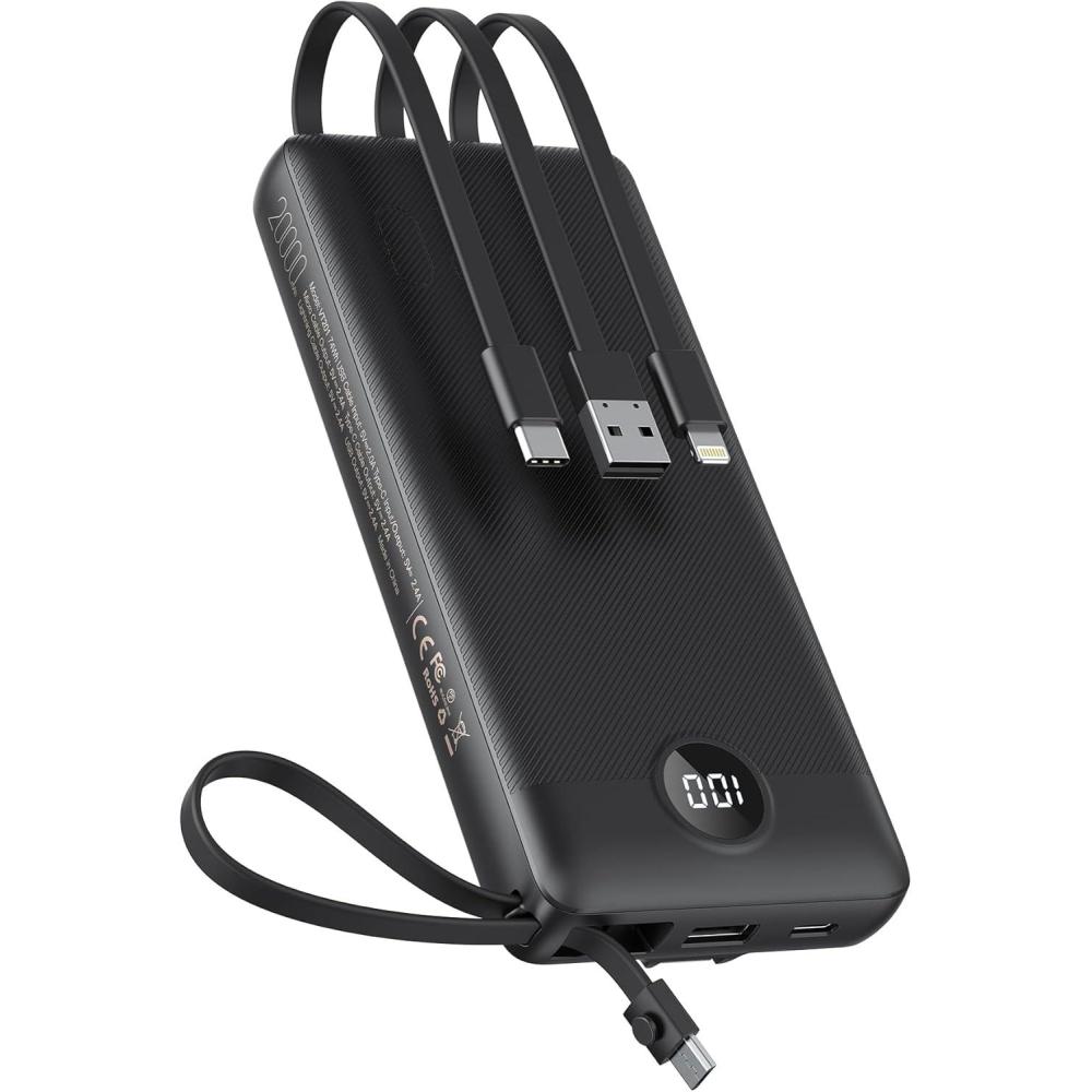 imageVEEKTOMX Portable Charger Builtin Cables 10000mAh Power Bank for iPhone Fast Charge USB C Battery Pack Travel Essentials Powerbank Compatible with iPhone 17161514 Samsung S2524 Android etc20000mAh Black