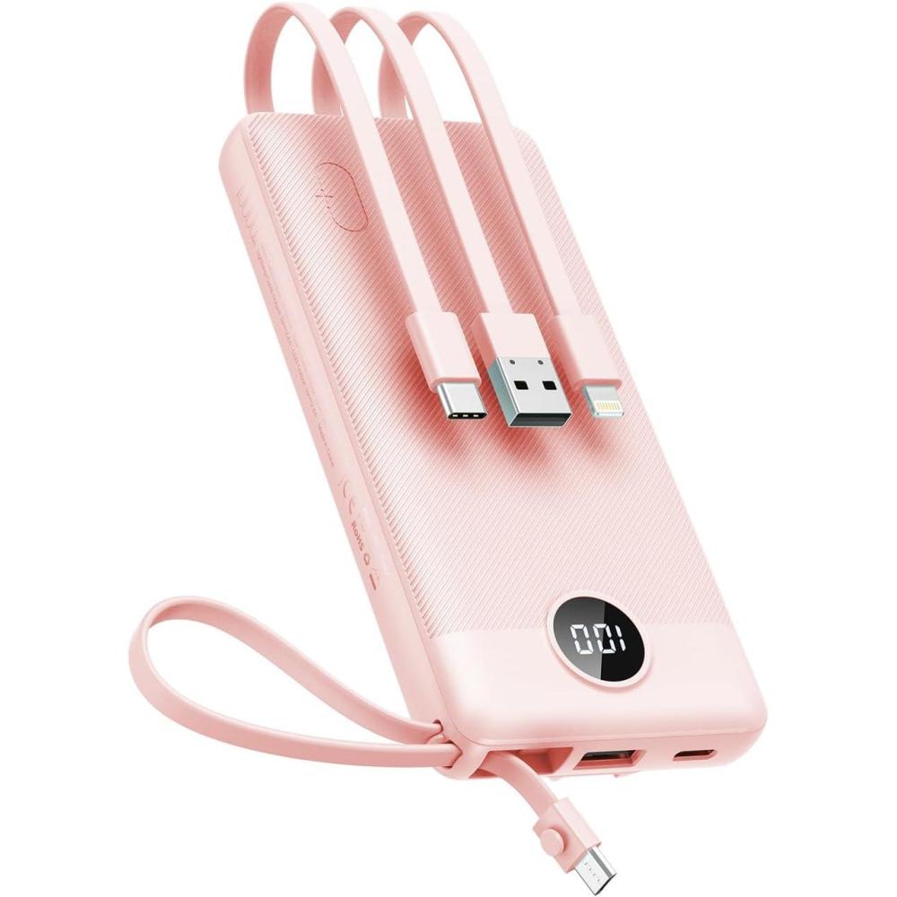 imageVEEKTOMX Portable Charger Builtin Cables Power Bank for iPhone Fast Charge USB C Battery Pack Travel Essentials Powerbank Compatible with iPhone 17161514 Samsung S2524Pink