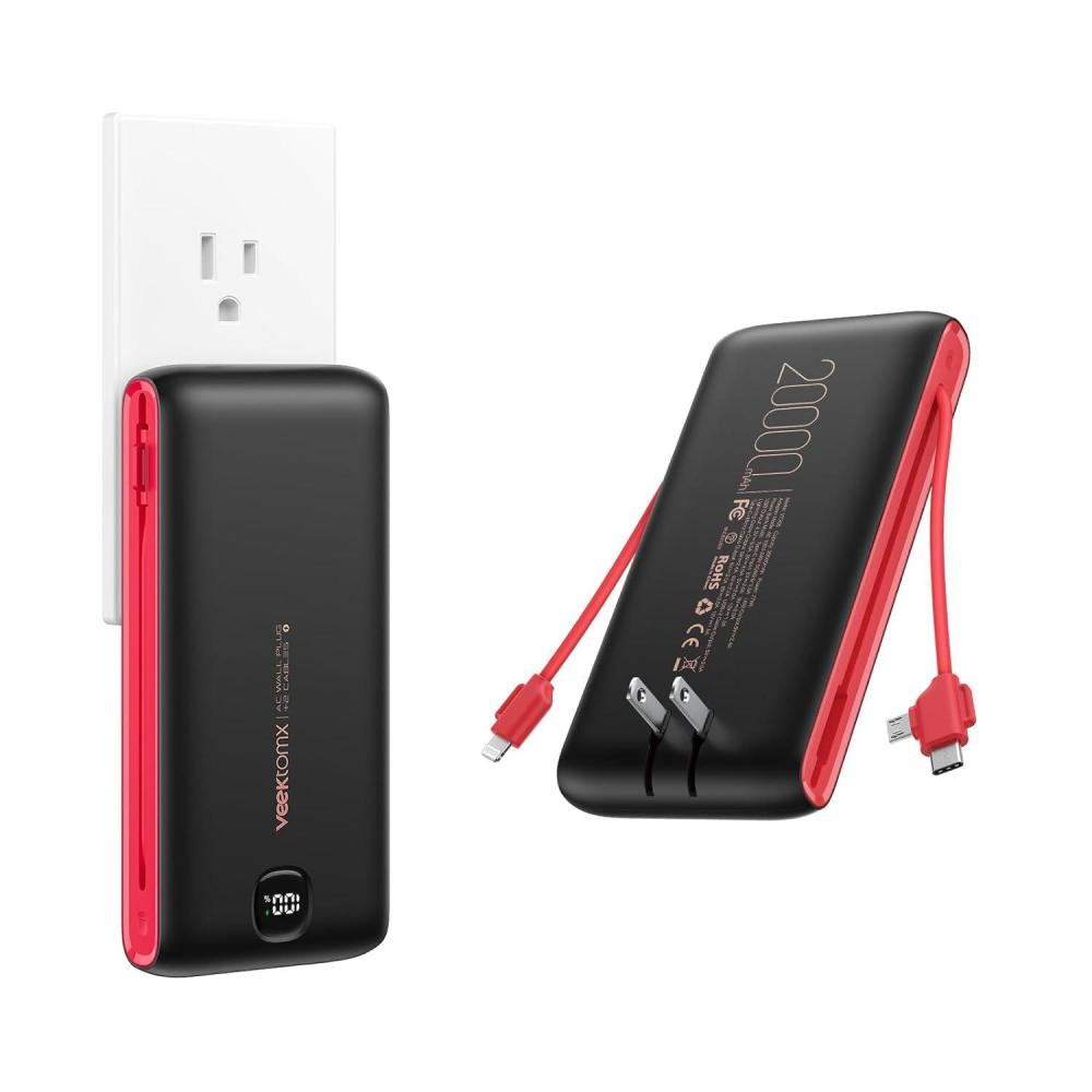imageVEEKTOMX Portable Charger with Built in Cables 20000mAh Power Bank for iPhone with AC Wall Plug Fast Charging USB C Slim Battery Pack with LED Display Compatible with iPhone151413 Samsung20000mAh BlackRed