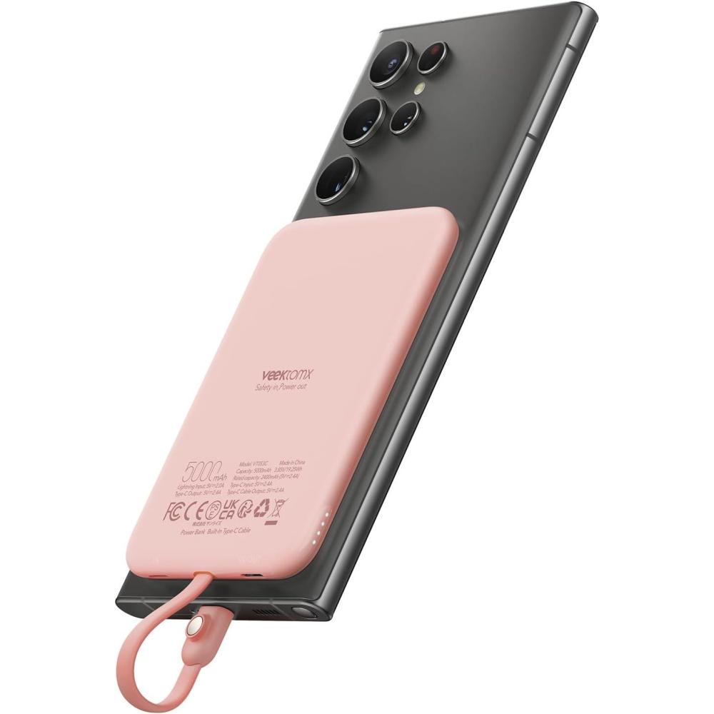 imageVEEKTOMX Slim Portable Charger 5000mAh Lightweight Power Bank with Wired USB C Cable Ultra Thin Battery Pack Compatible with iPhone 15PlusProPro MaxSamsungAndroidNonWireless Charging BlackUSBC Pink