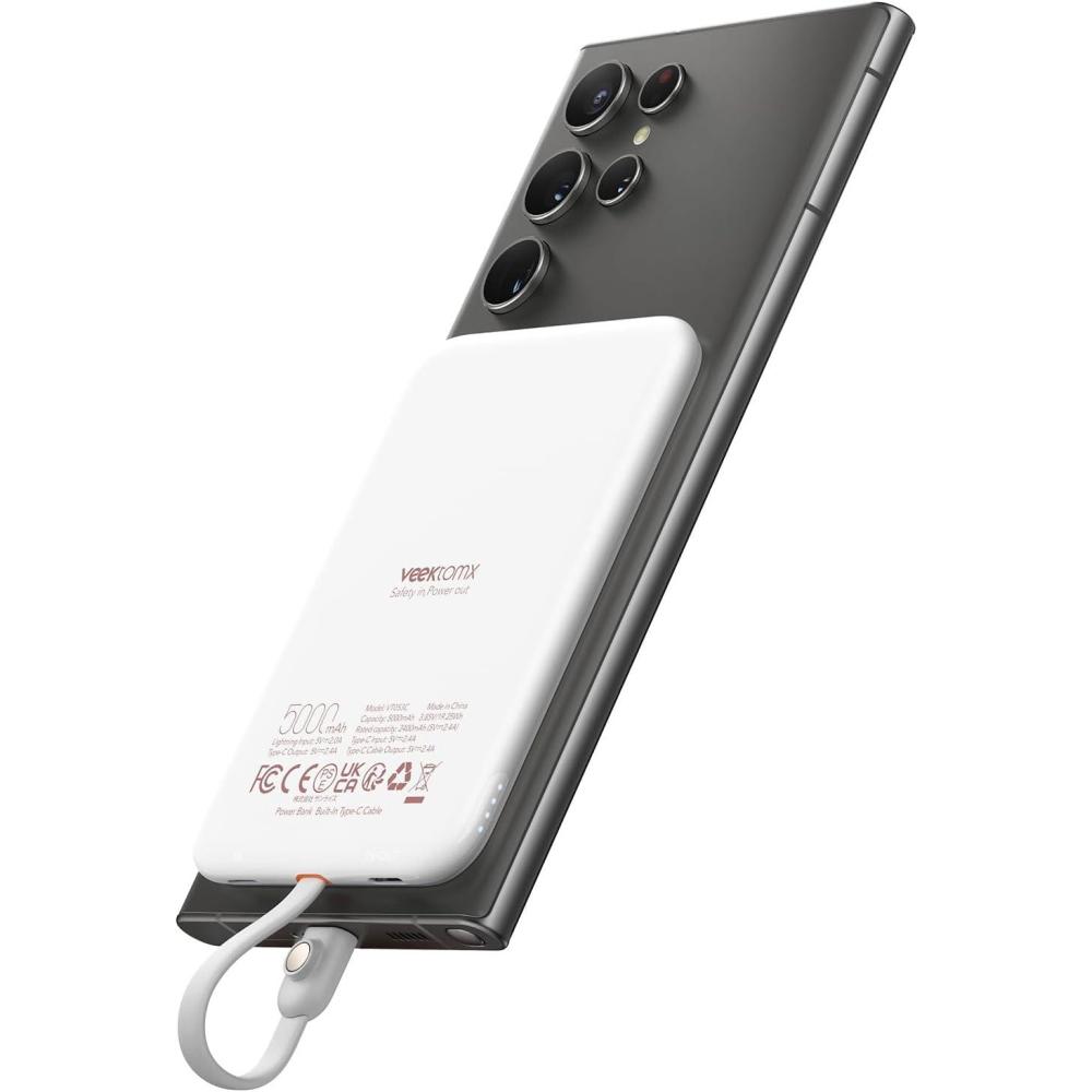 imageVEEKTOMX Slim Portable Charger 5000mAh Lightweight Power Bank with Wired USB C Cable Ultra Thin Battery Pack Compatible with iPhone 15PlusProPro MaxSamsungAndroidNonWireless Charging BlackUSBC White