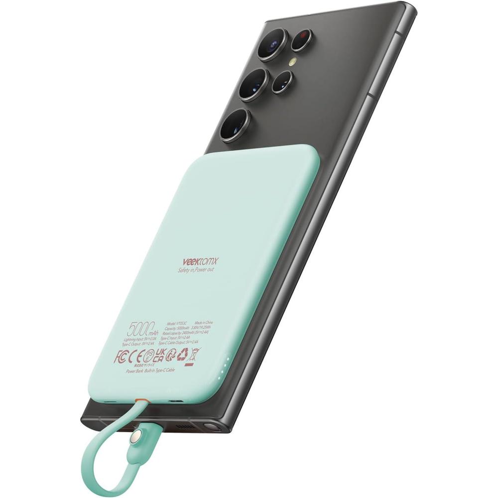 imageVEEKTOMX Slim Portable Charger 5000mAh Lightweight Power Bank with Wired USB C Cable Ultra Thin Battery Pack Compatible with iPhone 15PlusProPro MaxSamsungAndroidNonWireless Charging BlackUSBC Blue