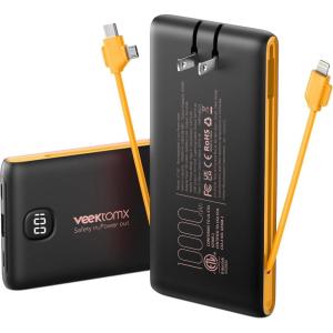 imagePortable Charger Power Bank Built in Cables and Wall Plug 10000mAh iPhone Battery Pack Fast Charging USB C External Slim Power Bank Travel Essentials Compatible with iPhone 17 16 15 14 iPad BlackBlackYellow