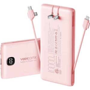 imagePortable Charger Power Bank Built in Cables and Wall Plug 10000mAh iPhone Battery Pack Fast Charging USB C External Slim Power Bank Travel Essentials Compatible with iPhone 17 16 15 14 iPad BlackPink