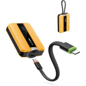 imageVEEKTOMX PD 30W Super Fast Charging Portable Charger 10000mAh Small Power Bank with Detachable USB C Dual Ports Builtin Cord Compact Travel Battery Pack Compatible with iPhoneSamsungMacBookiPadAmber Yellow