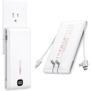 imageVEEKTOMX Portable Charger with Built in Cables 10000mAh Power Bank for iPhone with AC Wall Plug Fast Charging USB C Slim Battery Pack with LED Display Compatible with iPhone 17161514 SamsungMatte White