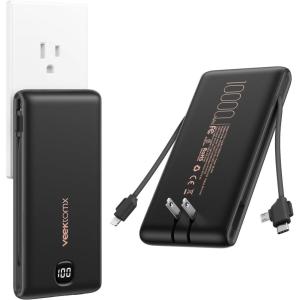 imageVEEKTOMX Portable Charger with Built in Cables 10000mAh Power Bank for iPhone with AC Wall Plug Fast Charging USB C Slim Battery Pack with LED Display Compatible with iPhone 17161514 SamsungMidnight Black