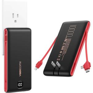 imageVEEKTOMX Portable Charger with Built in Cables 10000mAh Power Bank for iPhone with AC Wall Plug Fast Charging USB C Slim Battery Pack with LED Display Compatible with iPhone 17161514 SamsungBlack Red