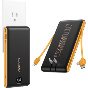 image:imageVEEKTOMX Portable Charger with Built in Cables 10000mAh Power Bank for iPhone with Wall Plug Travel Essential Fast Charging Slim USB C External Battery Pack for iPhone 171615 Samsung iPad etcDark GrayYellow